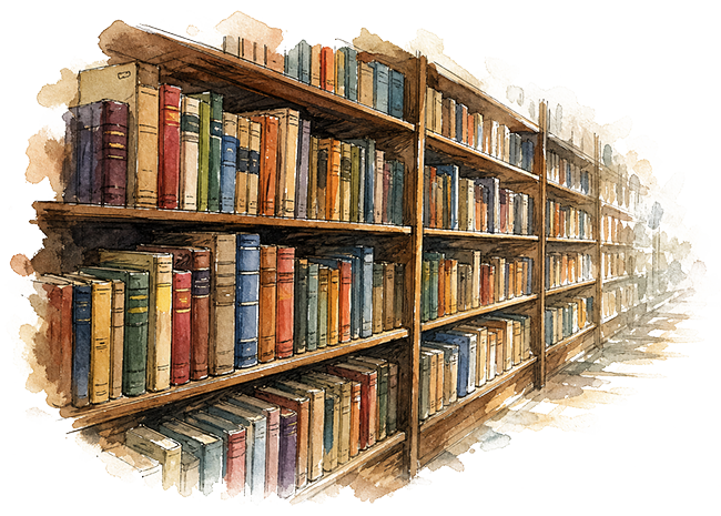 Watercolor illustration of a library, representing the publisher’s archive analyzed by TopicalBoost