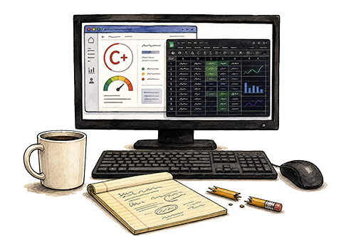 Watercolor illustration of an SEO content-grading dashboard on a desktop computer beside a notepad of handwritten planning notes