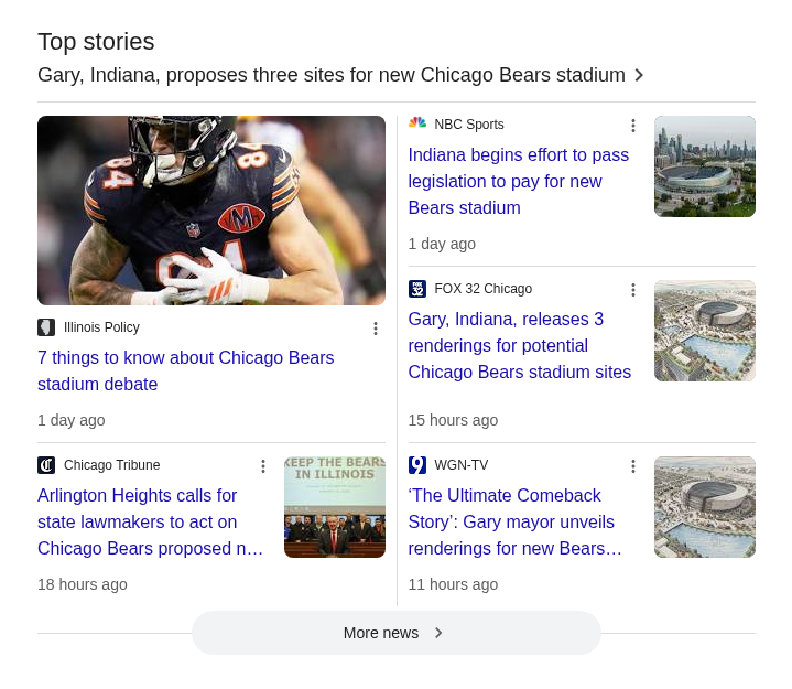 Illinois Policy in Google Top Stories at position 1, appearing alongside NBC Sports, Fox 32 Chicago, Chicago Tribune, and WGN-TV.