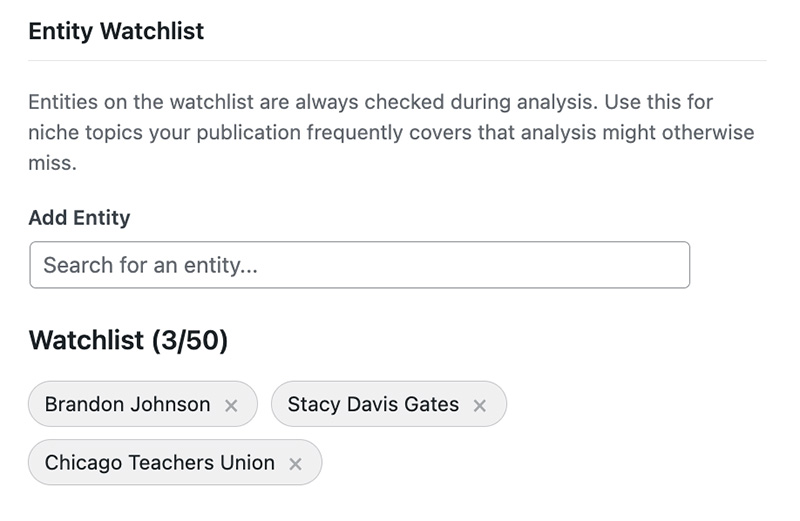 Entity Watchlist settings with Brandon Johnson, Stacy Davis Gates, and Chicago Teachers Union added